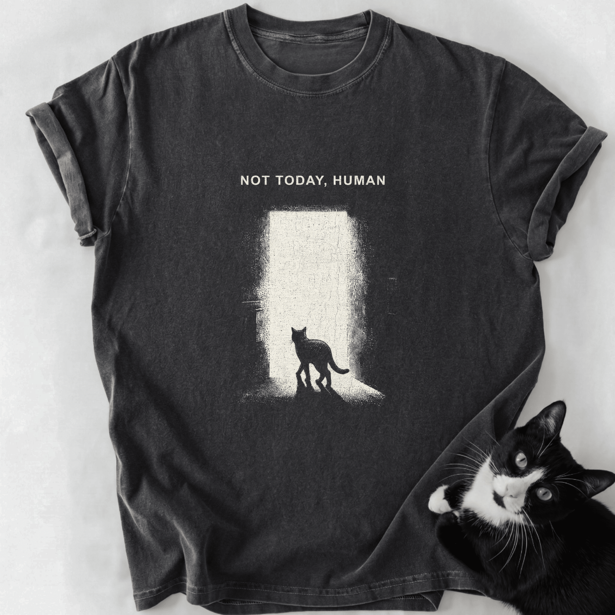 Dark gray soft-washed Not Today Human cat humor shirt