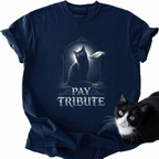 Navy blue Pay Tribute cat graphic tee featuring ornate lettering and ring-spun cotton