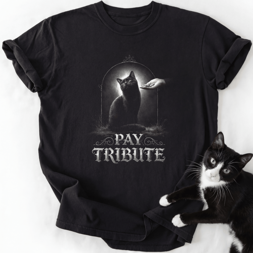 Black Pay Tribute cat graphic tee with double-needle stitching and tubular shape