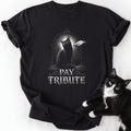 Black Pay Tribute cat graphic tee with double-needle stitching and tubular shape