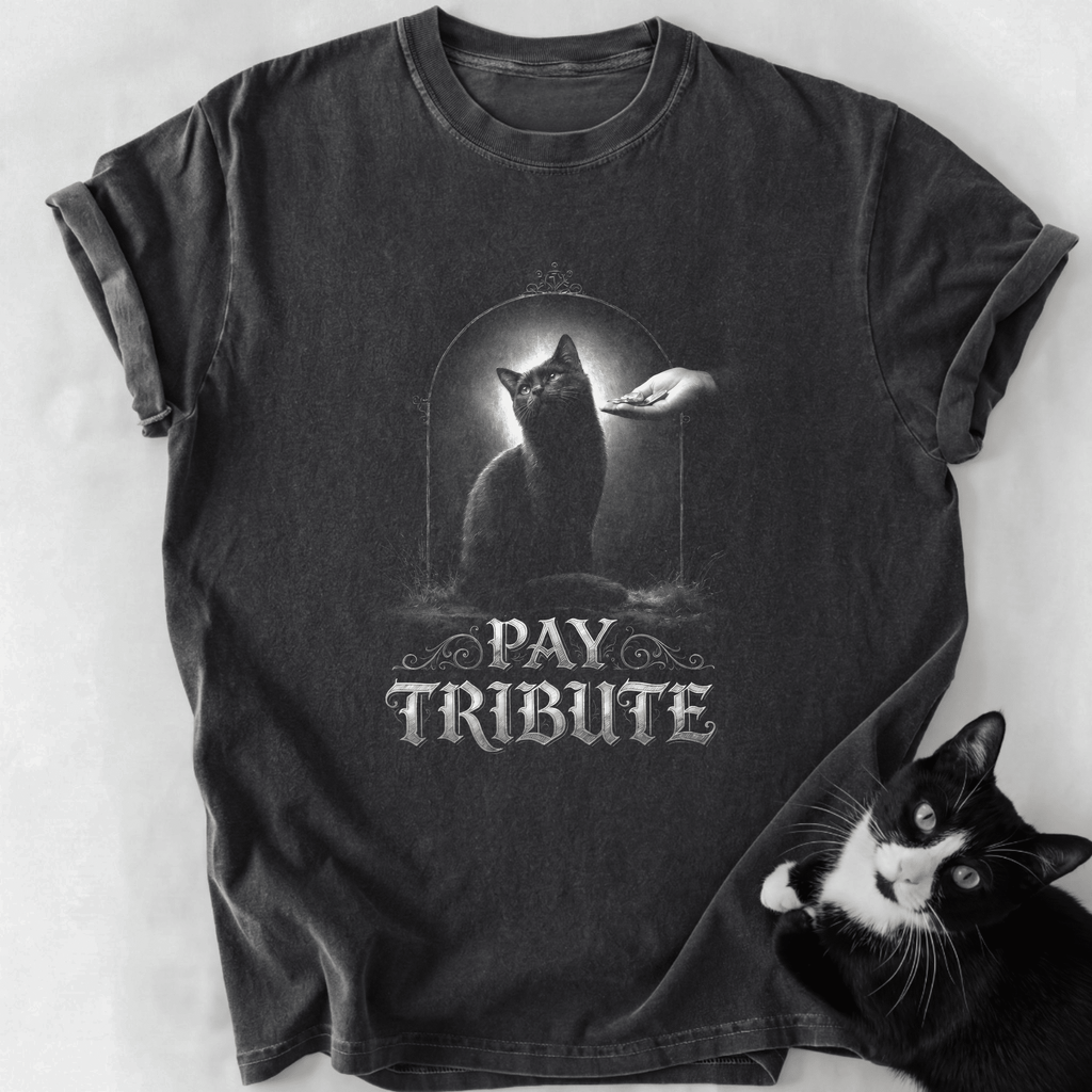 Dark gray Pay Tribute cat graphic tee with soft-washed cotton and relaxed fit