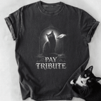 Dark gray Pay Tribute cat graphic tee with soft-washed cotton and relaxed fit