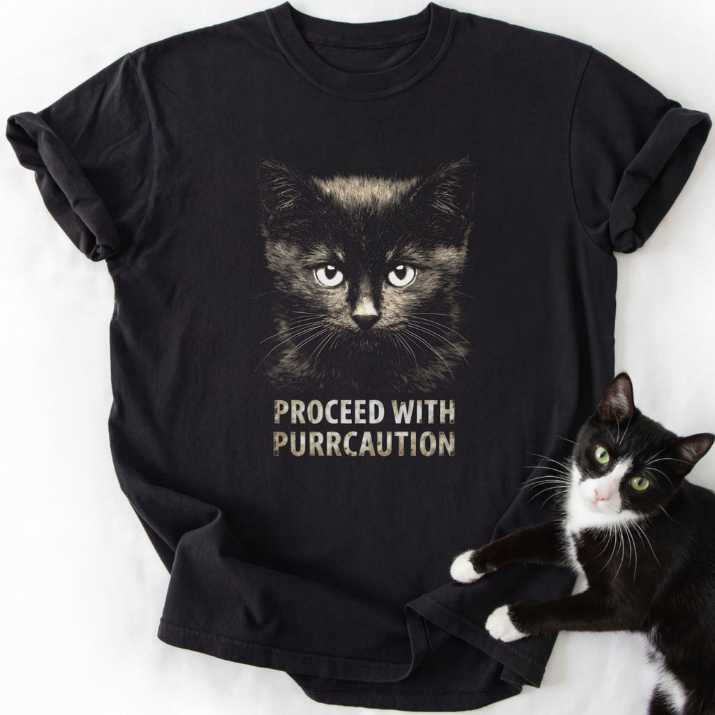 Black Purrcaution cat graphic tee with double-needle stitching and tubular shape
