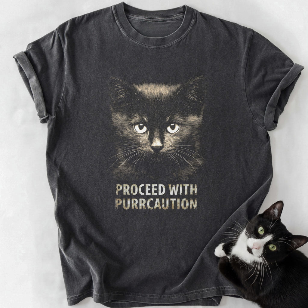 Dark gray Purrcaution cat graphic tee with distressed text and soft-washed cotton