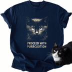 Navy blue Purrcaution cat face t-shirt featuring green eyes and relaxed fit