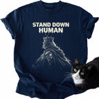 Navy blue Stand Down Human graphic tee with crowned cat design and double-needle stitching