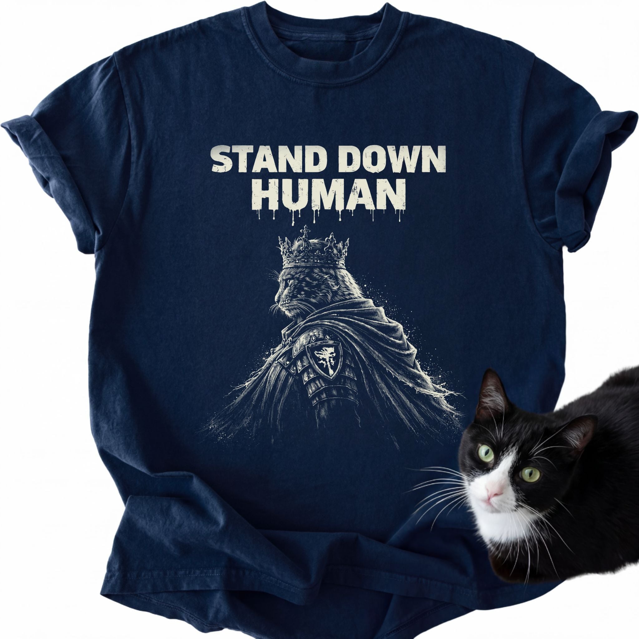 Navy blue Stand Down Human graphic tee with crowned cat design and double-needle stitching