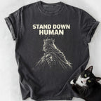 Dark gray garment-dyed t-shirt featuring distressed 'Stand Down Human' cat graphic