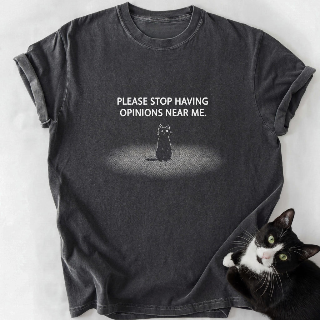 Dark gray garment-dyed t-shirt featuring funny cat opinion quote design