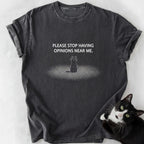 Dark gray garment-dyed t-shirt featuring funny cat opinion quote design