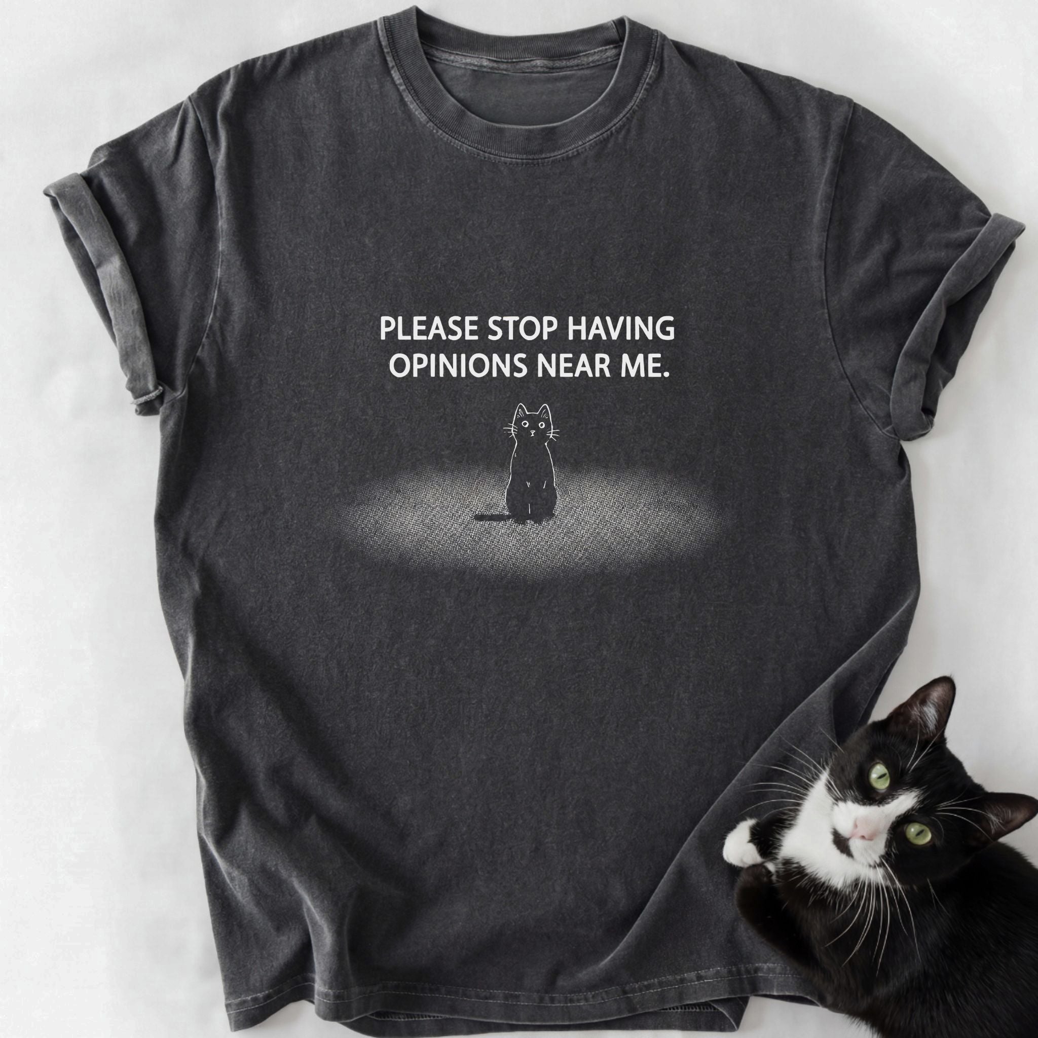 Dark gray garment-dyed t-shirt featuring funny cat opinion quote design