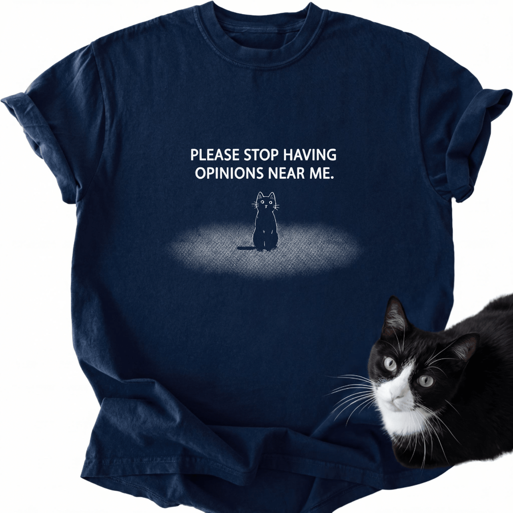 Navy blue crew neck shirt with black cat spotlight illustration and slogan