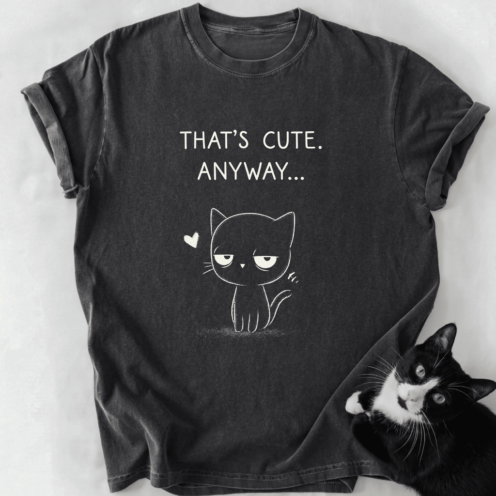 Dark gray That's Cute Anyway cat graphic tee with white line art and text