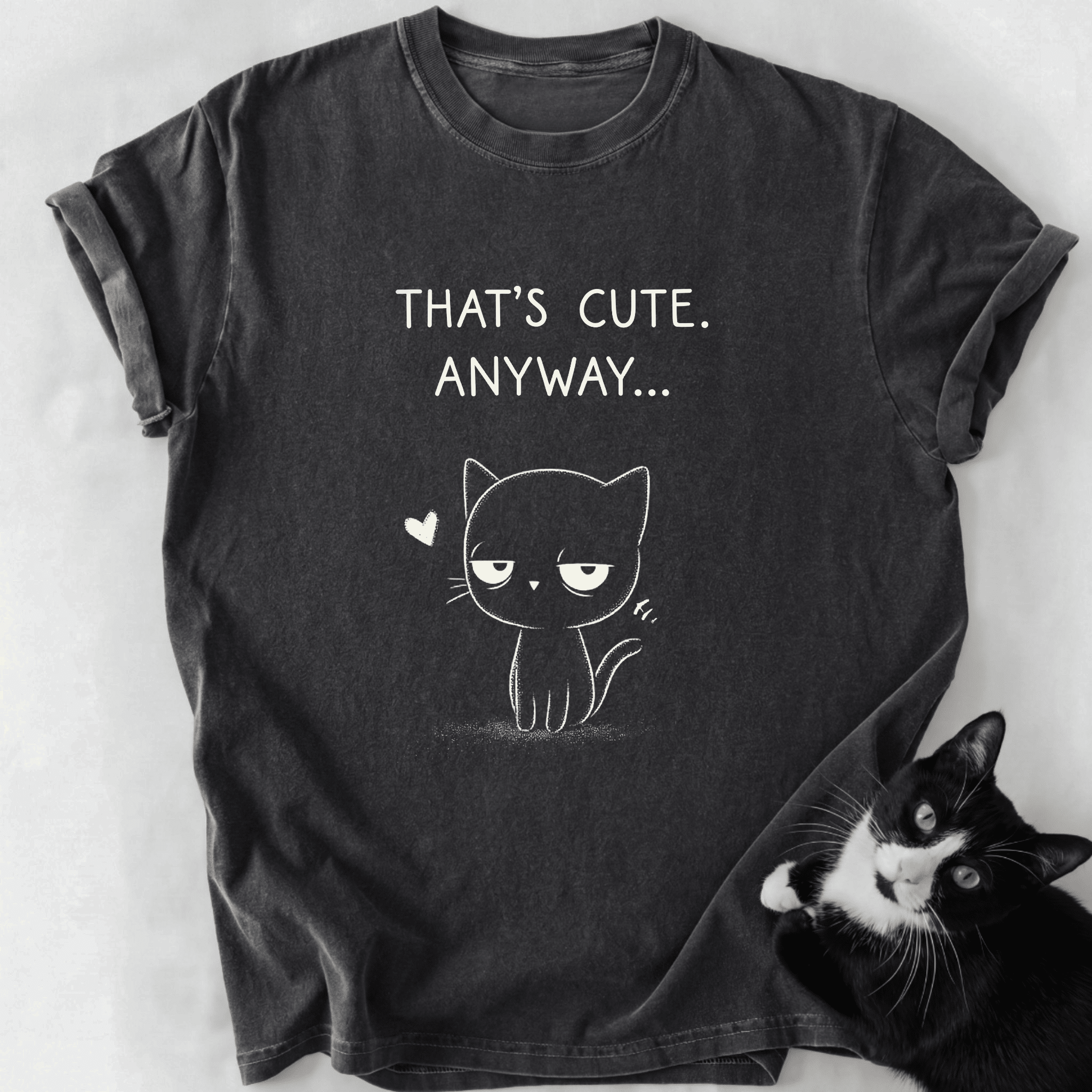 Dark gray That's Cute Anyway cat graphic tee with white line art and text