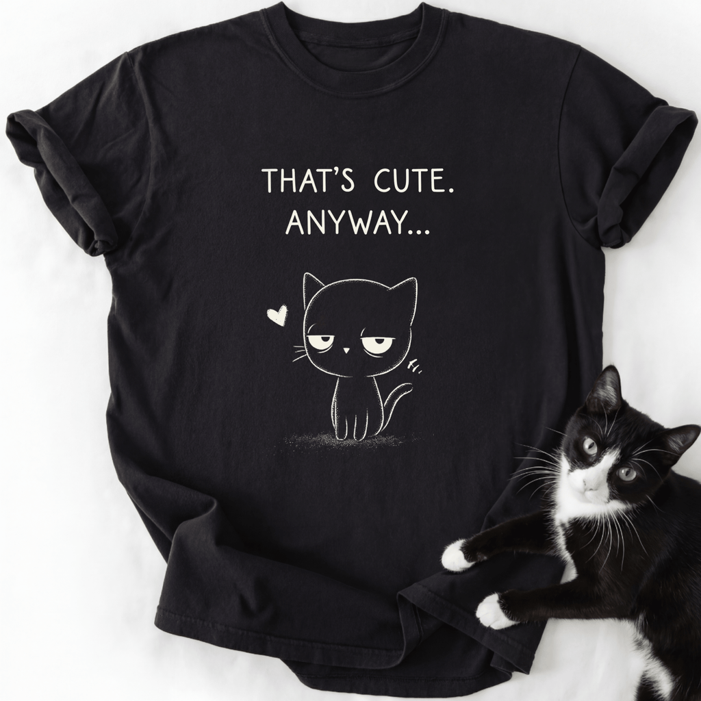 Black That's Cute Anyway cat graphic tee with white text and line art
