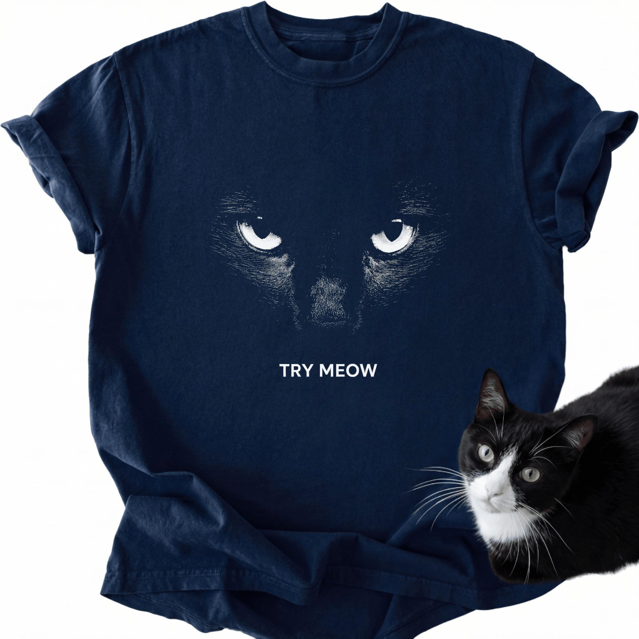 Navy blue Try Meow cat graphic tee with garment-dyed fabric and crew neck