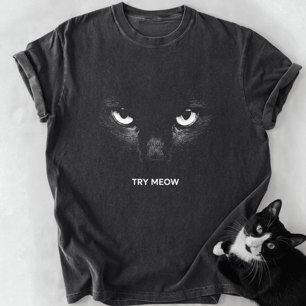 Dark gray Try Meow cat graphic tee with soft-washed cotton and rolled sleeves