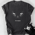 Dark gray Try Meow cat graphic tee with soft-washed cotton and rolled sleeves