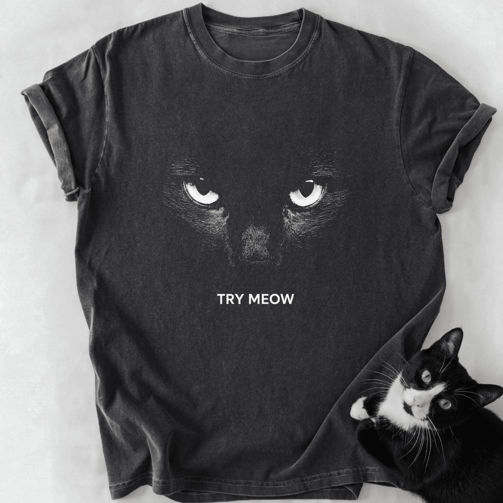 Dark gray Try Meow cat graphic tee with soft-washed cotton and rolled sleeves