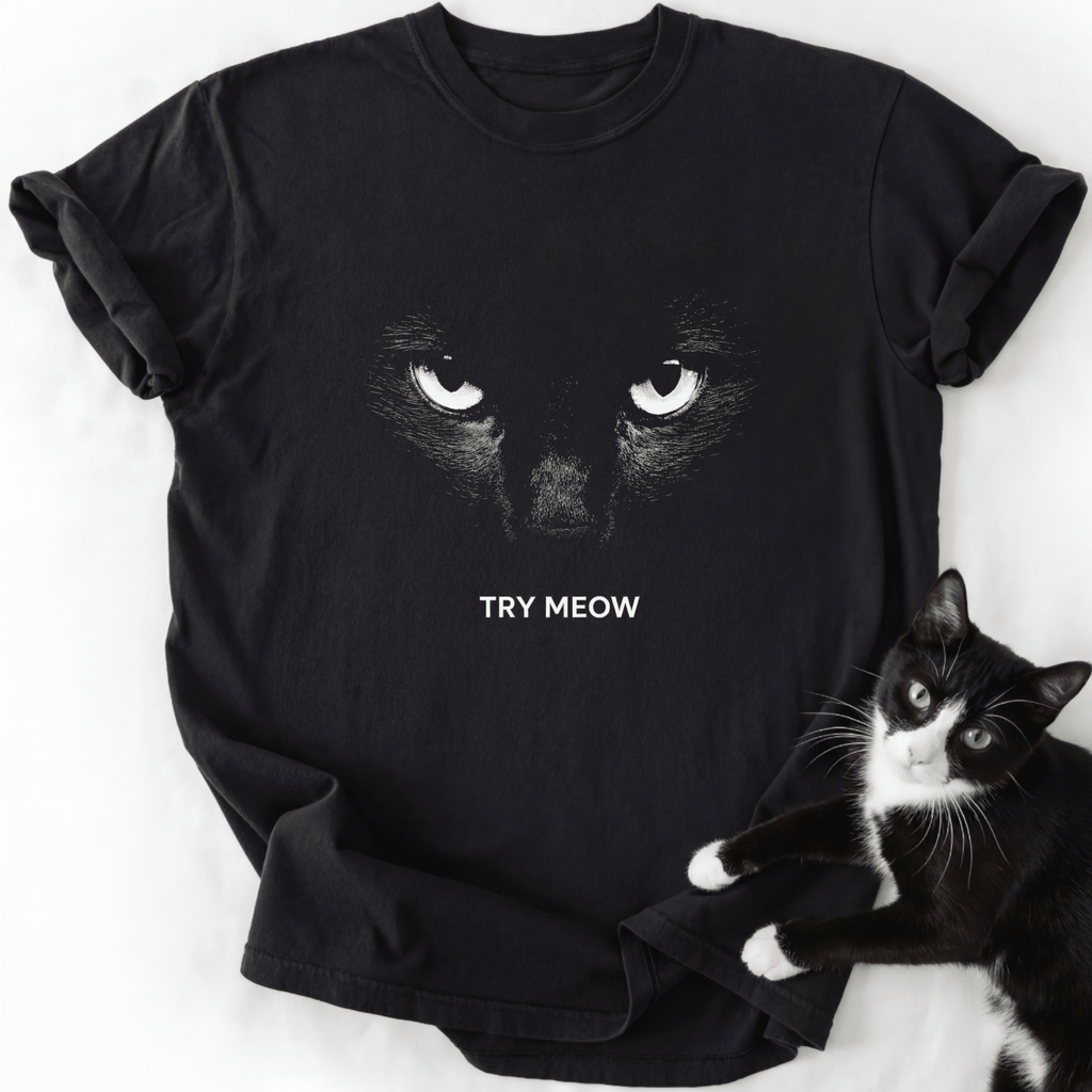 Black Try Meow cat graphic tee featuring white eyes design and relaxed fit