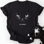 Black Try Meow cat graphic tee featuring white eyes design and relaxed fit