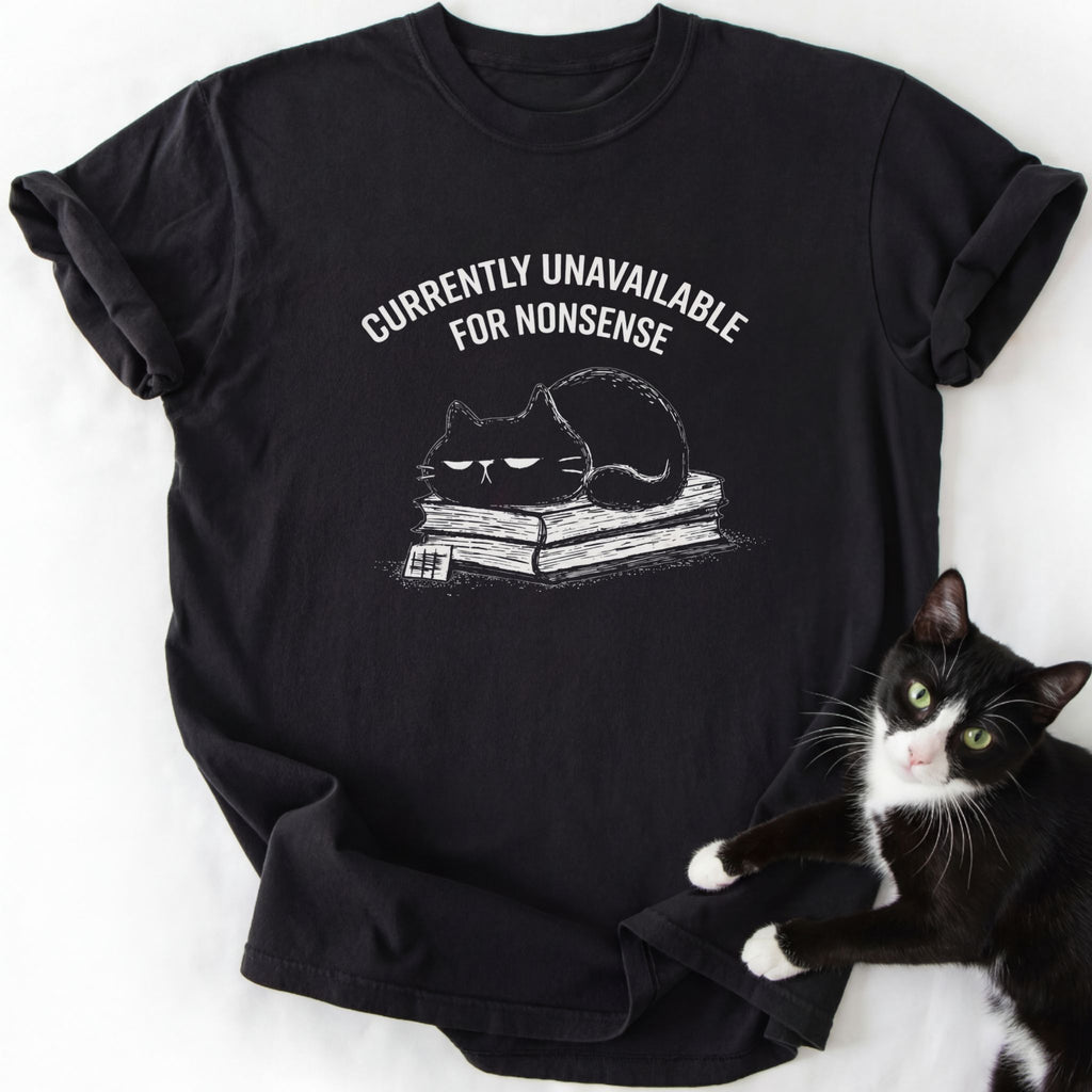 Nonsense Cat T-Shirt black ring-spun cotton featuring stylized cat on books design