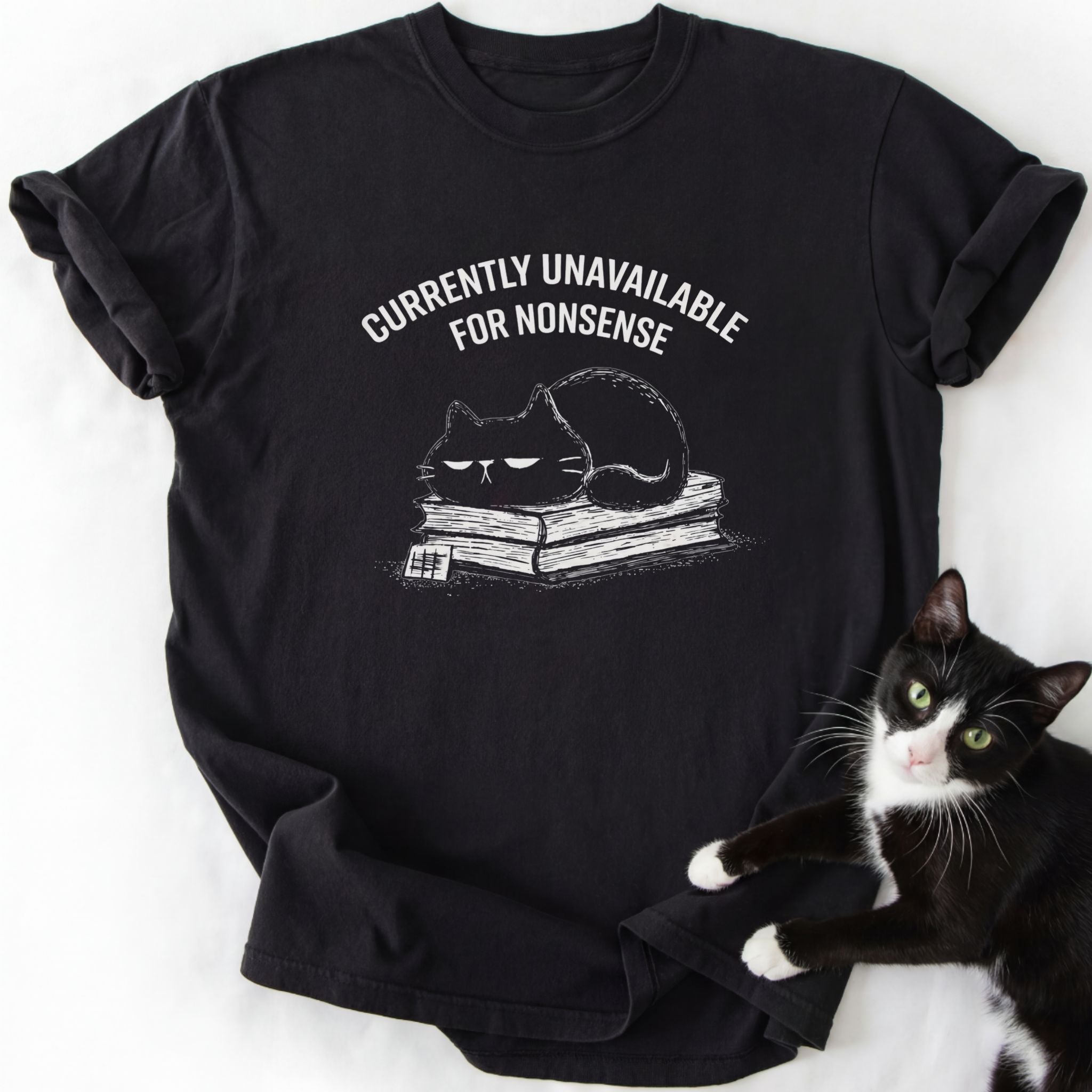 Nonsense Cat T-Shirt black ring-spun cotton featuring stylized cat on books design