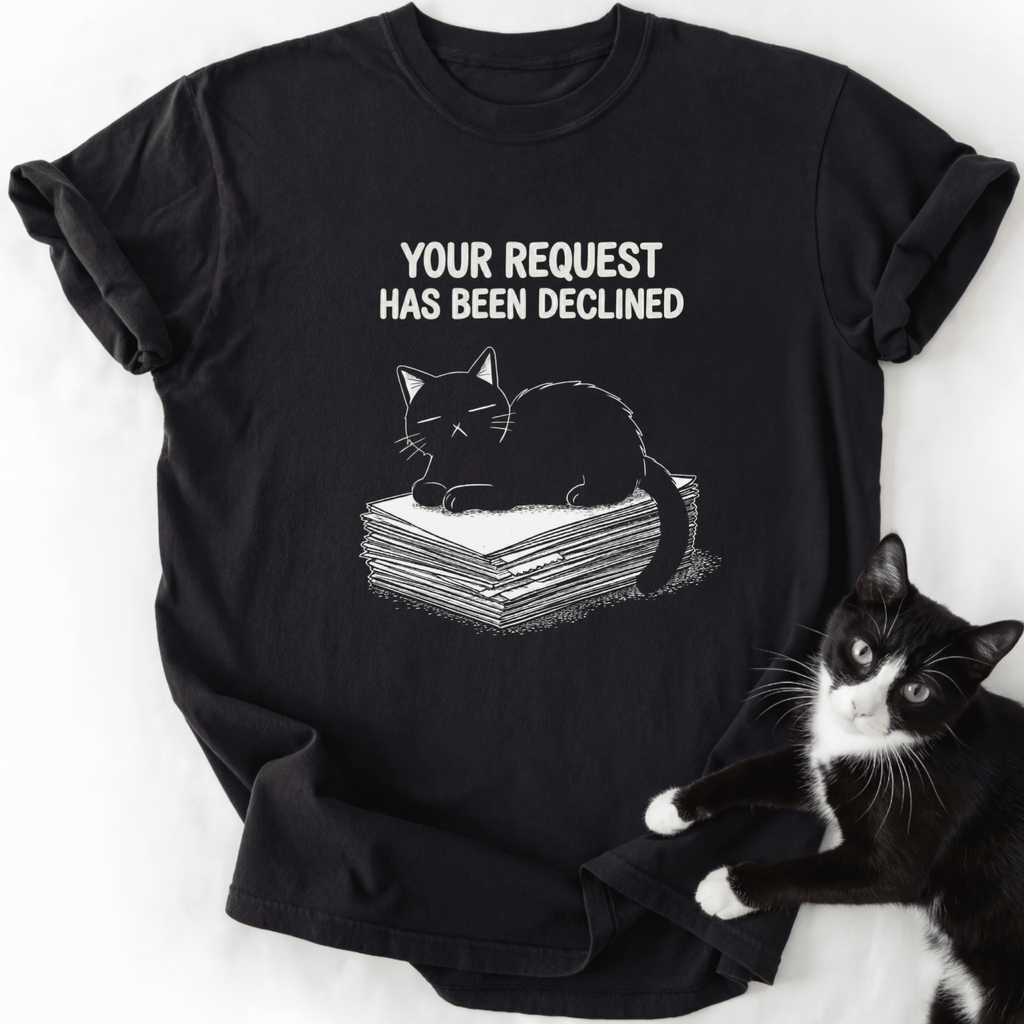 Black cotton crew neck t-shirt featuring sleeping cat and declined request quote