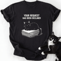 Black cotton crew neck t-shirt featuring sleeping cat and declined request quote