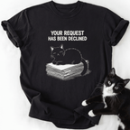 Black cotton crew neck t-shirt featuring sleeping cat and declined request quote