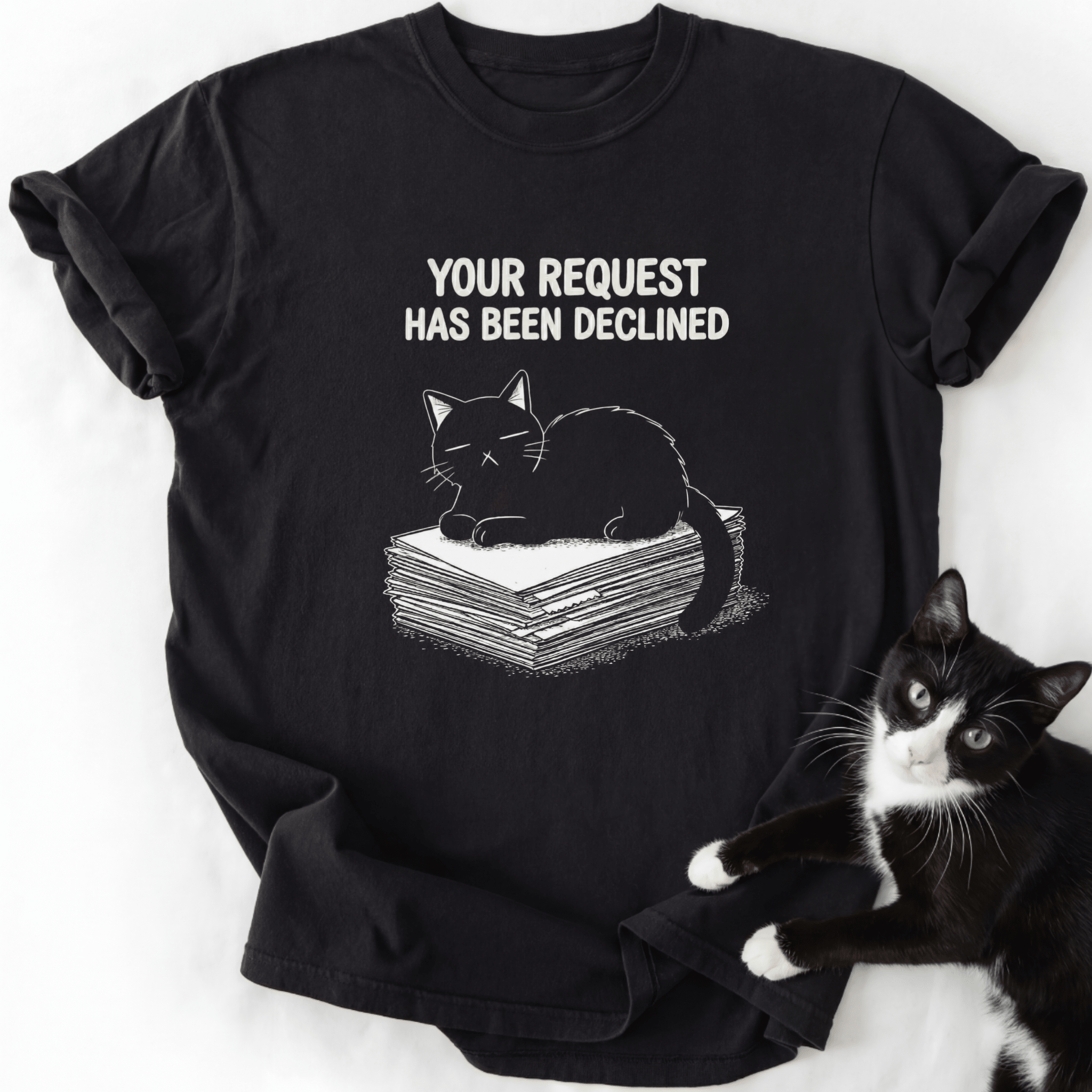 Black cotton crew neck t-shirt featuring sleeping cat and declined request quote
