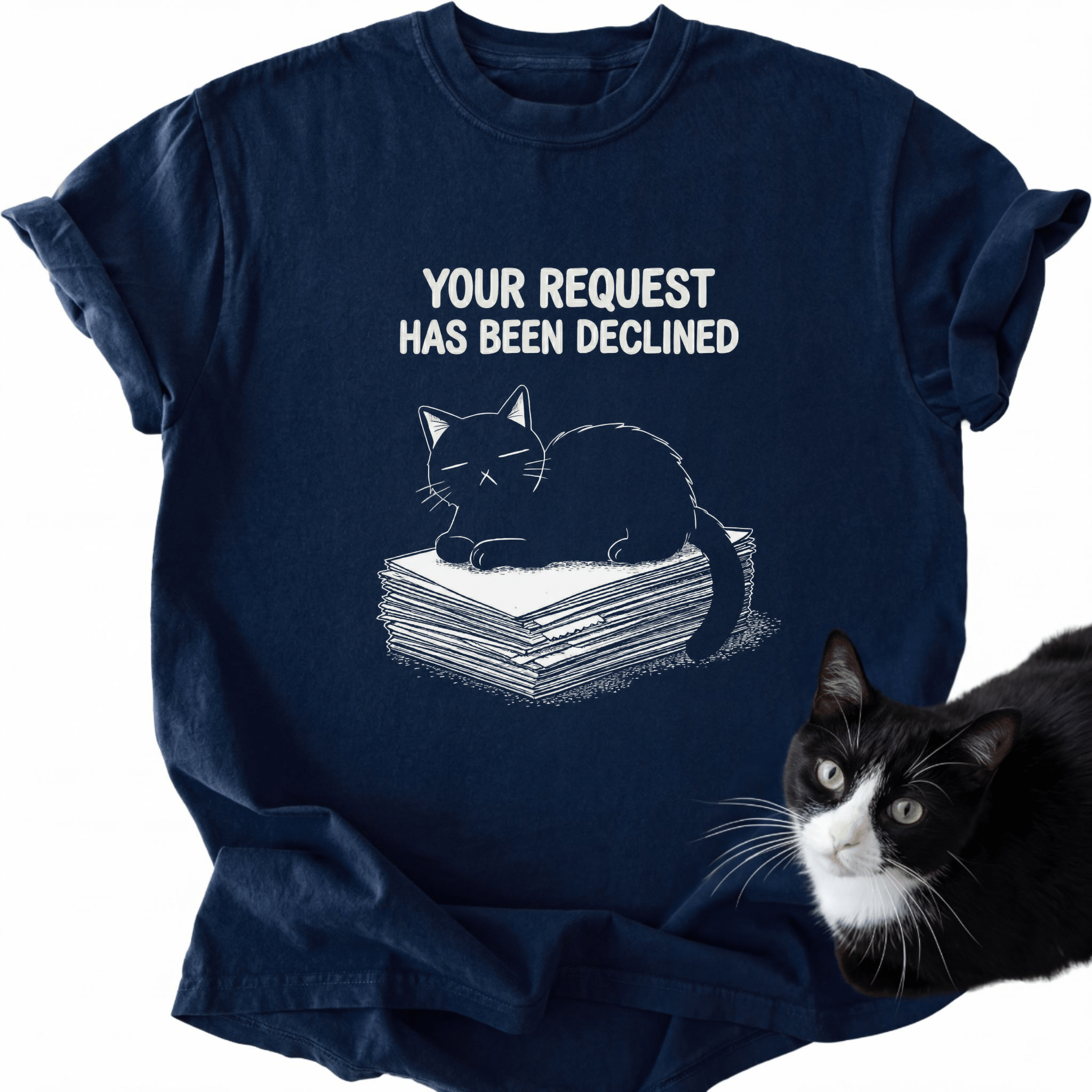 Navy blue heathered comfort colors tee with humorous cat lover design