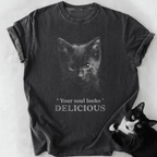 Dark gray heathered cat lover t-shirt featuring soul looks delicious design
