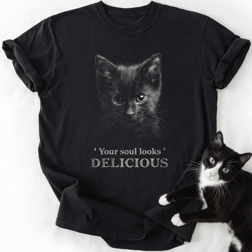 Black Your Soul Looks Delicious cat graphic tee with kitten illustration