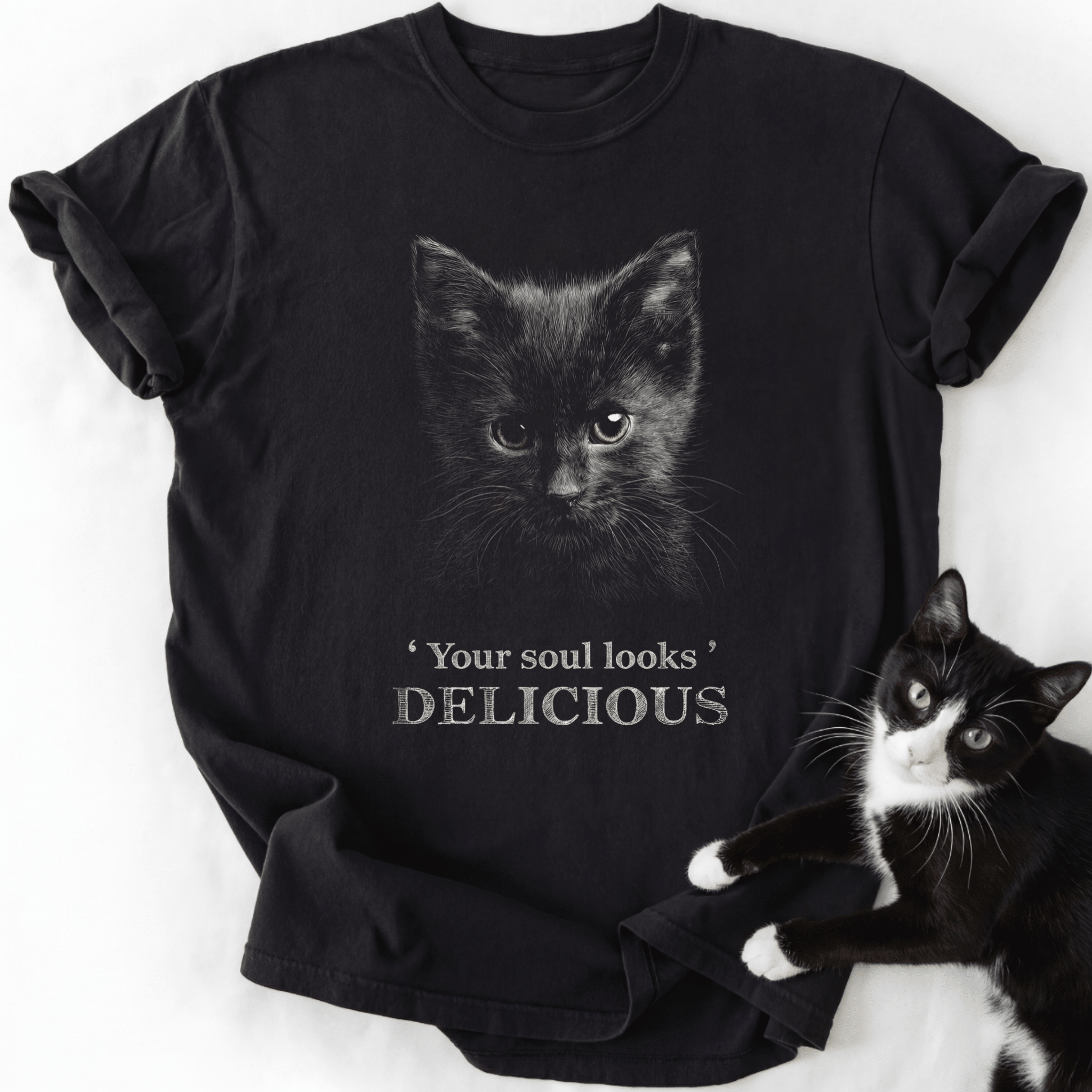 Black Your Soul Looks Delicious cat graphic tee with kitten illustration