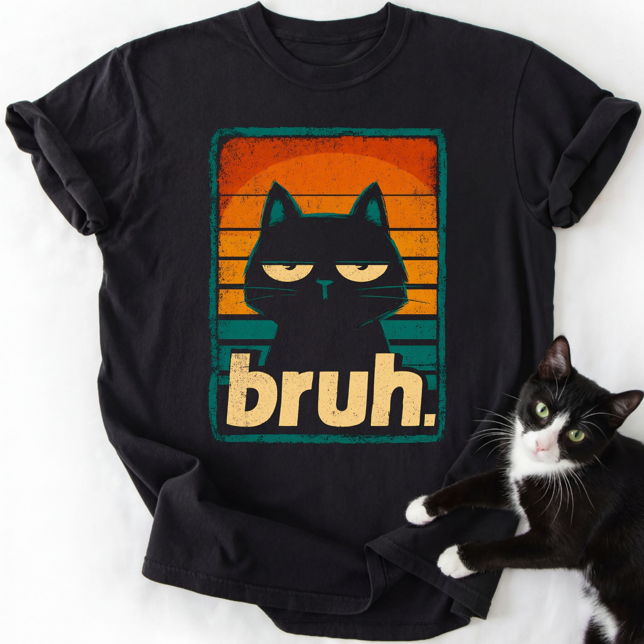 Black Cat Bruh graphic tee in black featuring half-closed cat eyes and bruh text