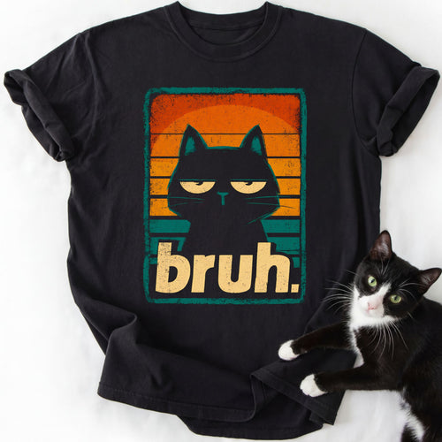 Black Cat Bruh graphic tee in black featuring half-closed cat eyes and bruh text