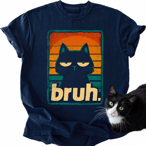 Black Cat Bruh graphic tee in navy with sunset stripes and distressed text