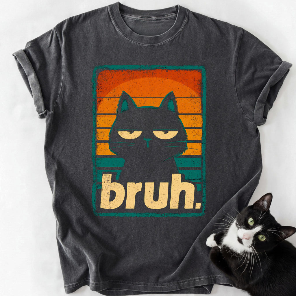 Black Cat Bruh graphic tee in dark gray stone-washed cotton with cat design