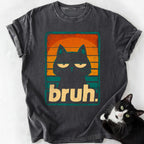 Black Cat Bruh graphic tee in dark gray stone-washed cotton with cat design