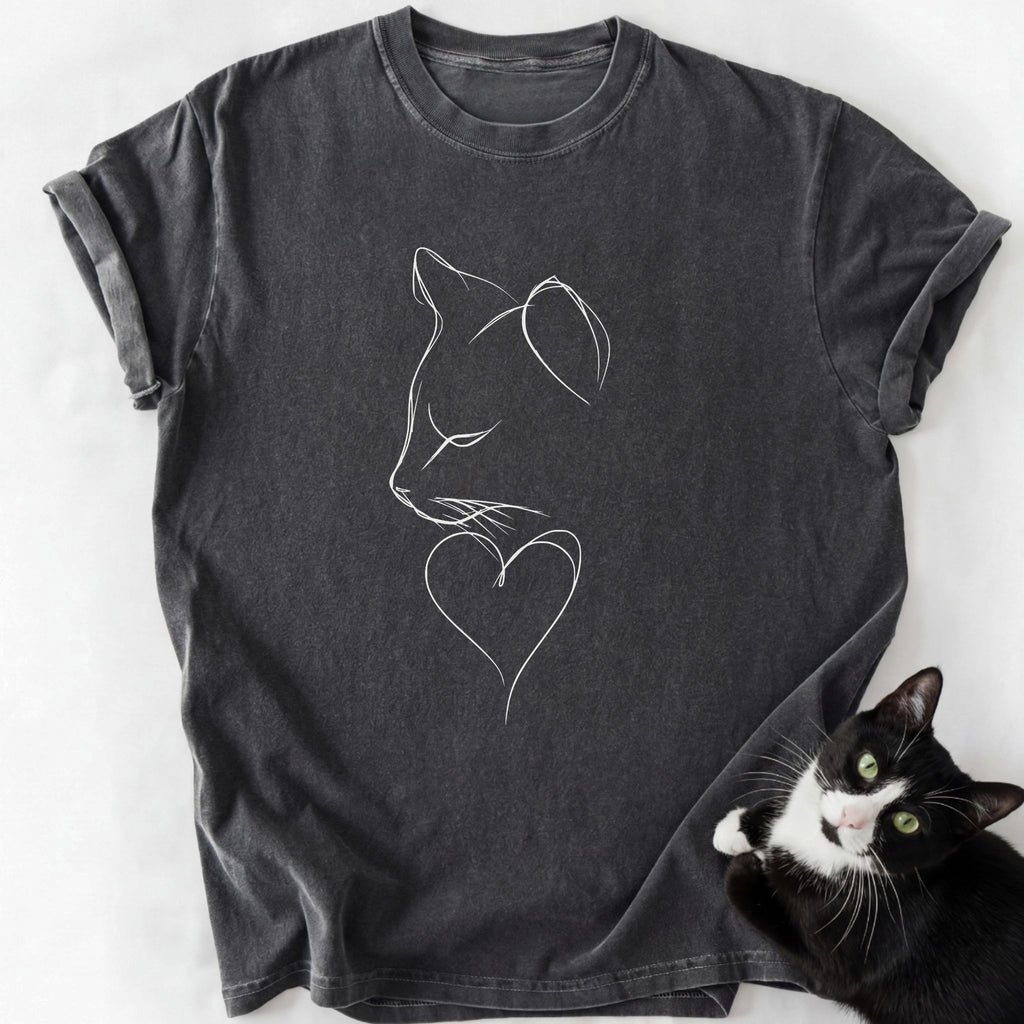 Dark gray garment-dyed cat heart graphic tee with white line art