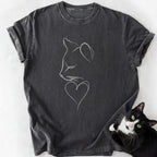 Dark gray garment-dyed cat heart graphic tee with white line art