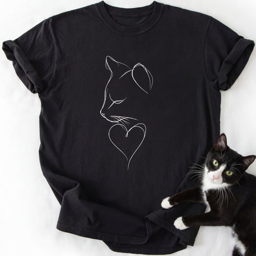 Black soft-washed cotton cat profile graphic tee for everyday wear