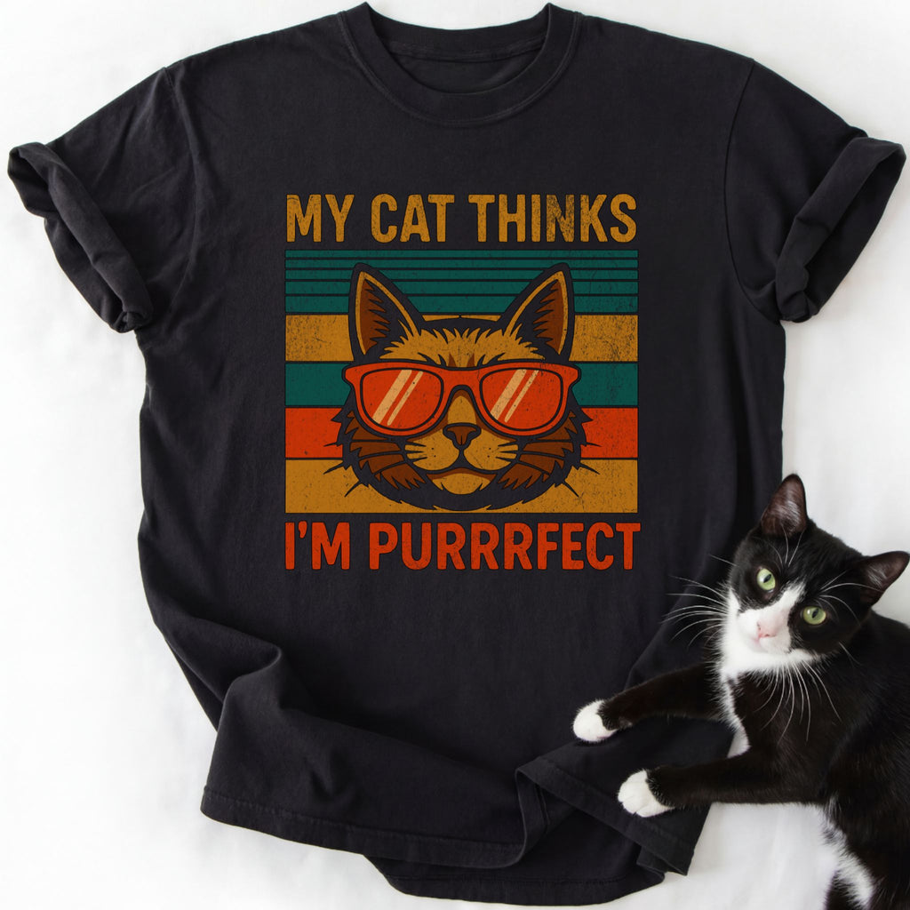 Black I'm Purrrfect cat graphic tee featuring vintage striped background