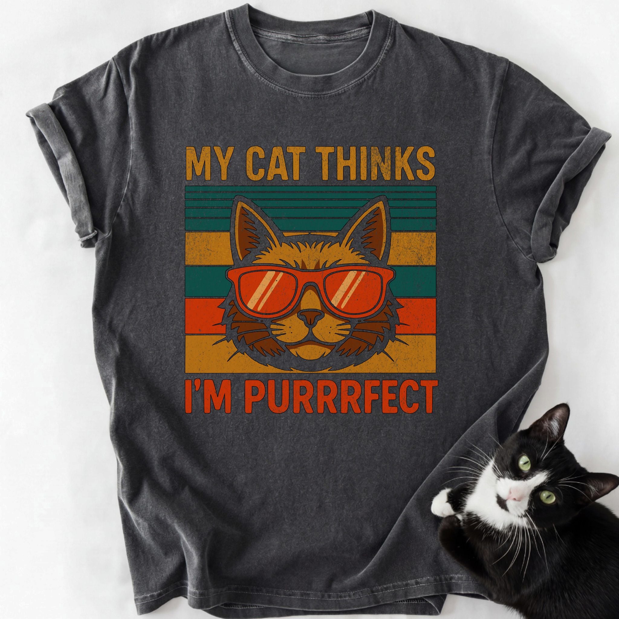 Gray heather I'm Purrrfect cat graphic tee with distressed gold text