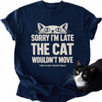 Navy blue Sorry I'm Late cat graphic tee with white print