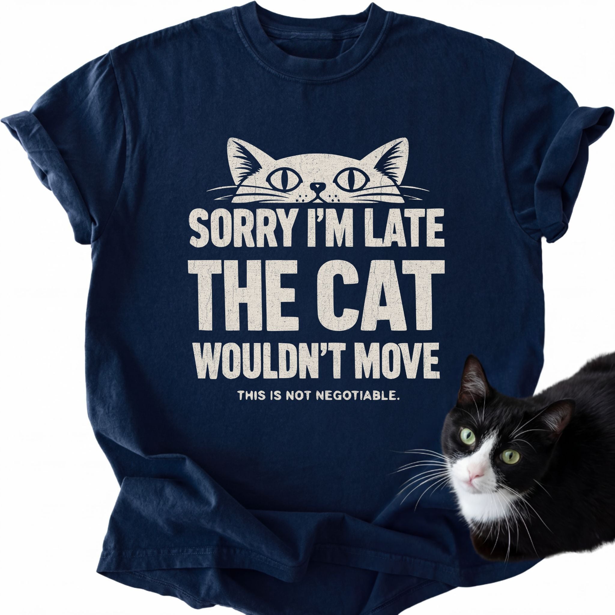 Navy blue Sorry I'm Late cat graphic tee with white print