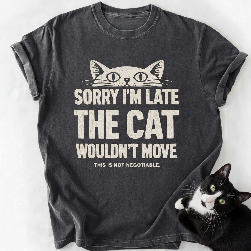 Dark gray heather Sorry I'm Late cat graphic tee with white print