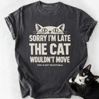 Dark gray heather Sorry I'm Late cat graphic tee with white print