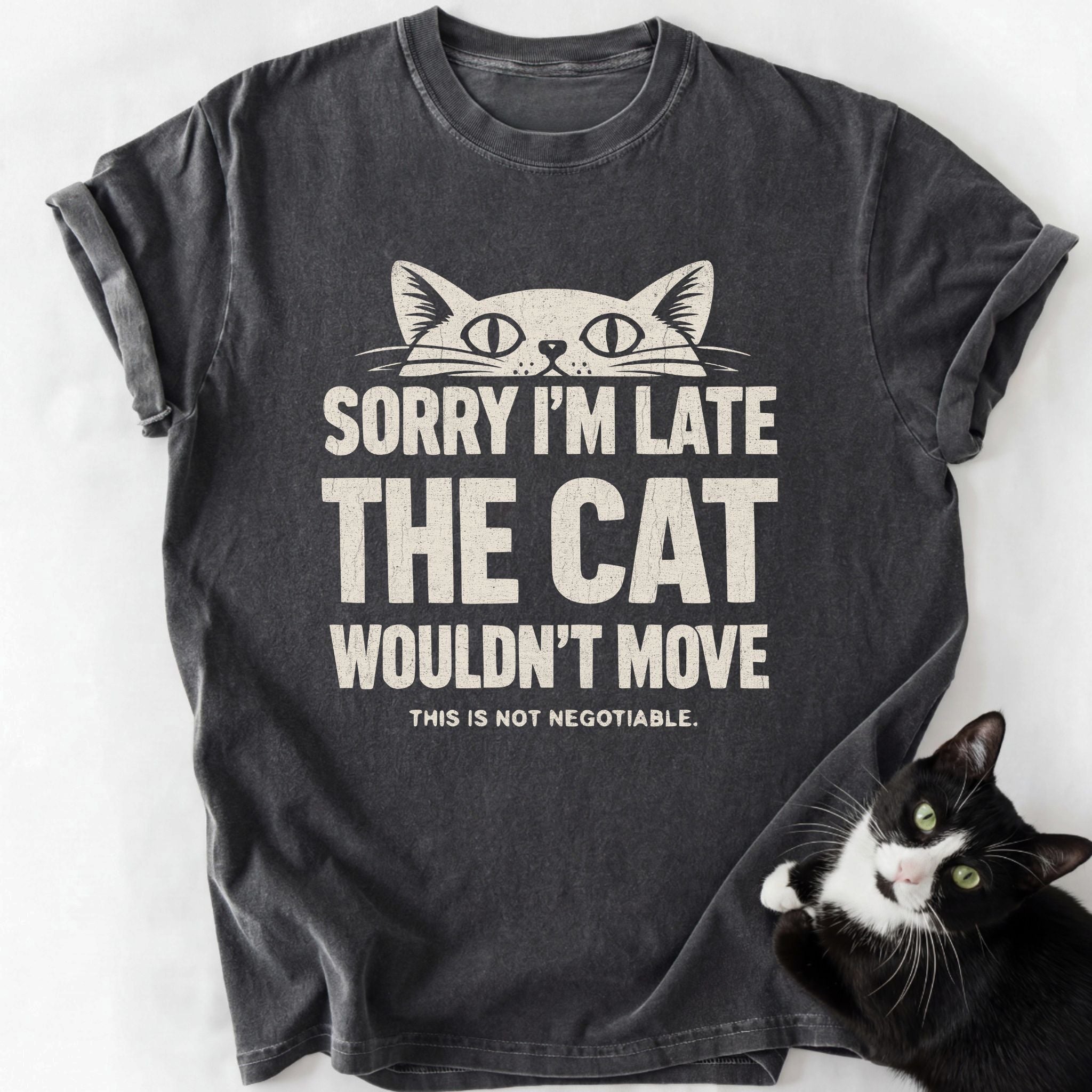 Dark gray heather Sorry I'm Late cat graphic tee with white print